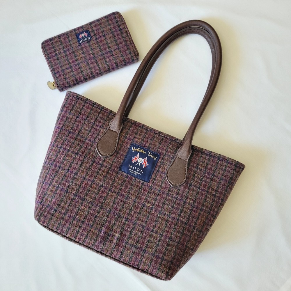 New Moon Burgundy Dogstooth Wool Tote Bag and Wallet Bundle Yorkshire Tweed